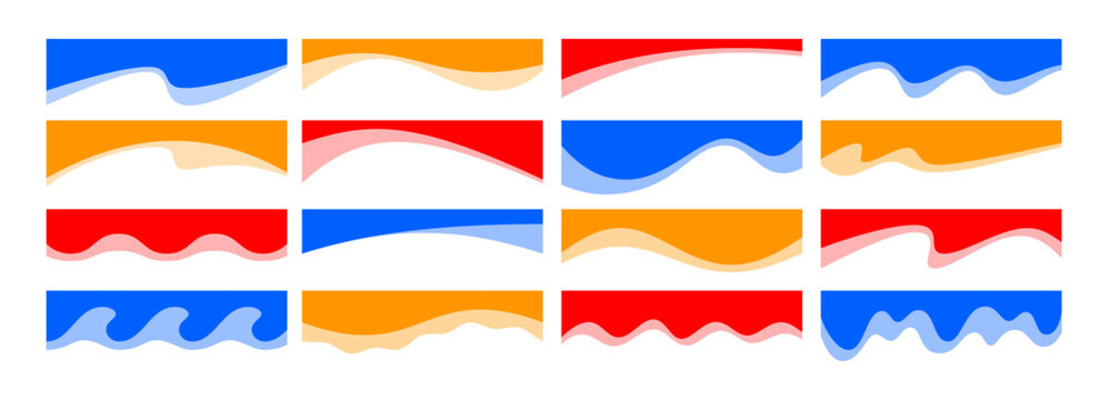 Abstract colorful wave headers. Modern fluid shape website backgrounds, flat vector liquid curve borders, wavy dividers and overlapping graphic elements