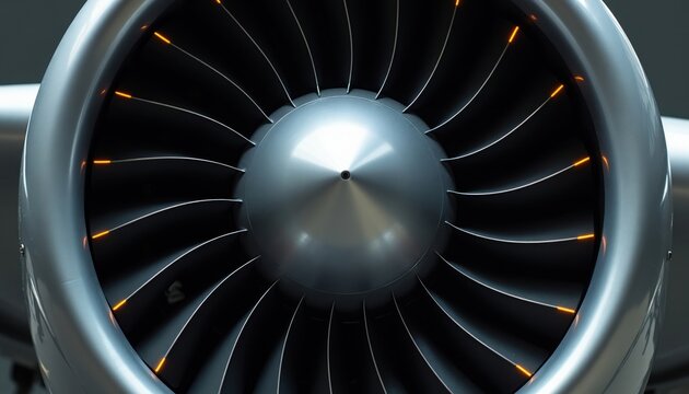 Closeup front view jet turbine engine. Smooth metallic surface, intricate fan blades with orange glow. Aircraft part detail, clean industrial design.