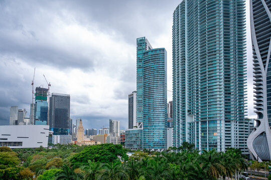Downtown Miami skyline featuring Freedom Tower and luxury high rises. Wide urban view of skyscrapers, historic Freedom Tower, and park foliage in Miami, Florida.