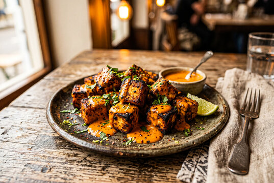 Spicy paneer tikka cubes with sauce and lime on a rustic wooden table