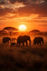 Fototapeta premium Elephants Walking in African Savanna at Sunset