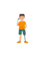 Fototapeta premium Cartoon vector illustration of a boy with a prosthetic leg talking on a smartphone, isolated on a white background for inclusive design.
