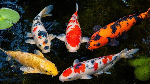Group of koi fish swimming in a peaceful pond scene, suitable for nature or relaxation themed projects