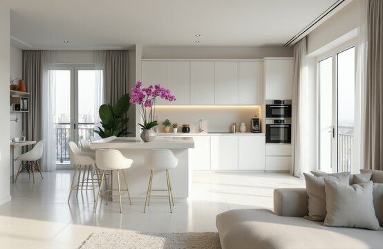 Bright modern apartment interior features white kitchen with island, bar stools. Open living space with couch, large windows showing cityscape. Desk area with chair, plants, orchids add decor.