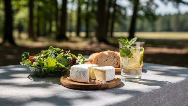 Summer Picnic Lunch with Camembert Cheese Salad and Mint Infused Water
