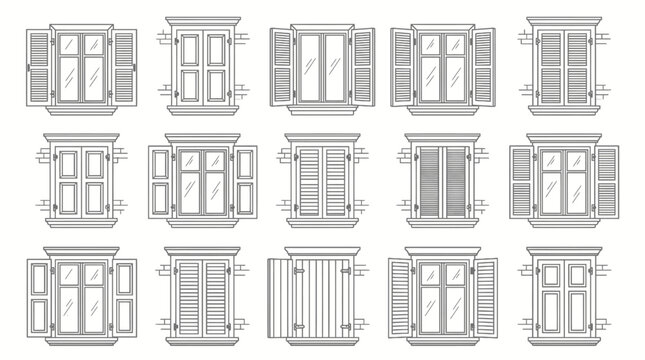 Collection of outline house windows with various open and closed shutters in different styles on isolated white background