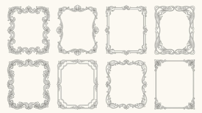 Collection of elegant vintage scroll frames and borders in various shapes on isolated white background