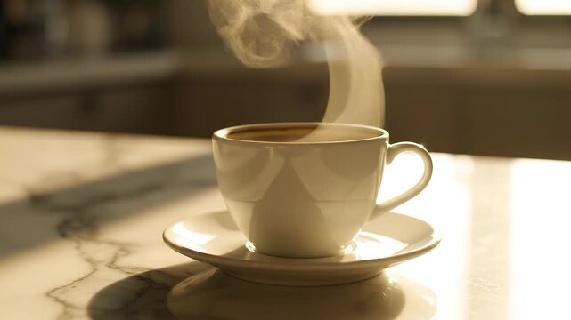 Steam Rising from White Ceramic Coffee Cup on Marble Surface Morning Slow Motion