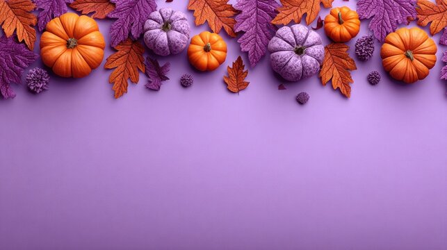 Autumn harvest pumpkins and colorful leaves arranged on a vibrant purple background