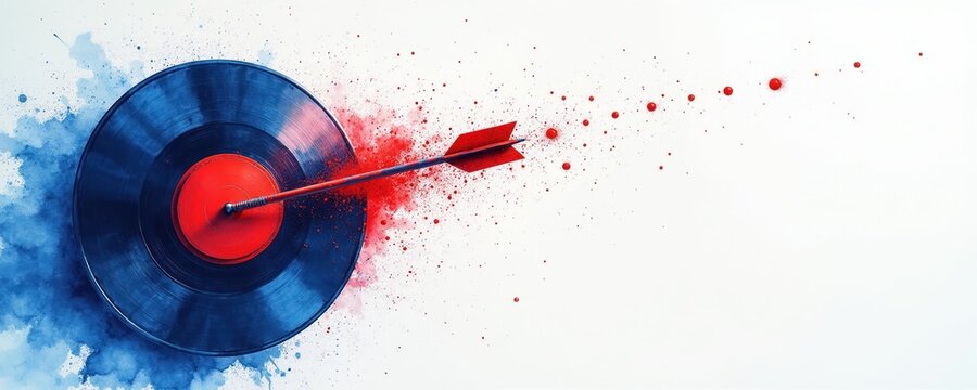 Red arrow hits blue target center. Paint splash explodes around bullseye. Symbolizes aiming achieving goals success business strategy and hitting mark.