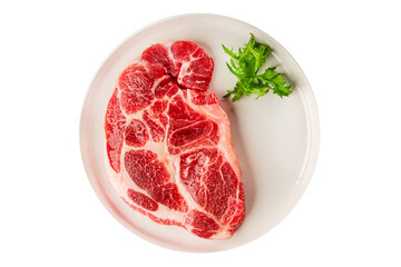 Obraz premium Pork steak raw meat fresh meat dish tasty snack delicious gourmet food, background on the table rustic food top view, copy space