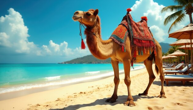 Camel rests on sandy beach near blue ocean water and palm trees. Decorated animal stands on shore with resort loungers and umbrellas. Tropical vacation scene.