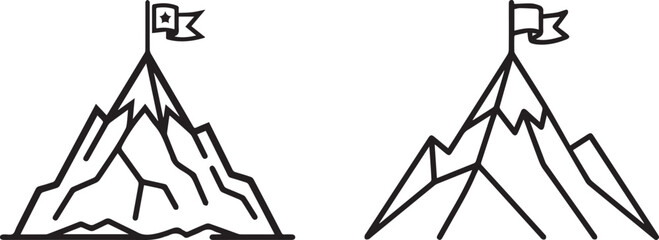 Fototapeta premium Mountain peak with flag icon set two distinct black and white illustrations