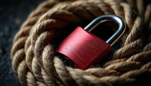 Red padlock secured by thick rope coil. Item conveys strong security and protection. Symbol of safety and unbreakable bonds. Metal lock bound by natural fiber.