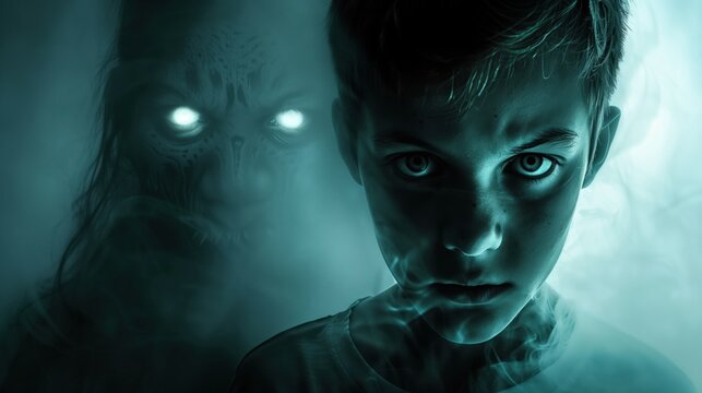 Child facing camera with ghostly figure behind in mist. AI-generated.