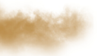 Obraz premium Dust sand soil smoke cloud particles isolated on transparent white background. Brown sandstorm smog sand dust explosion rising. Design elements for Compositing, covering, ove
