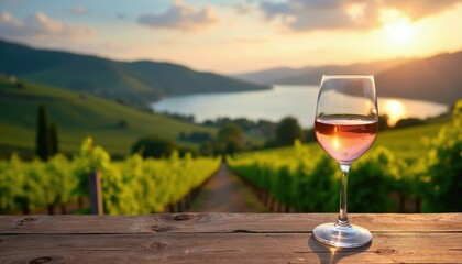 Naklejka premium Glass of rose wine on wooden table near vineyard and lake during sunset. Beautiful landscape with rolling hills and green fields provides relaxing outdoor scene.