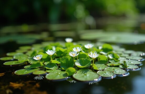 Small white frogbit flowers with green leaves float on dark water. This aquatic plant resembles a tiny water lily and grows in shallow freshwater ponds and marshes.