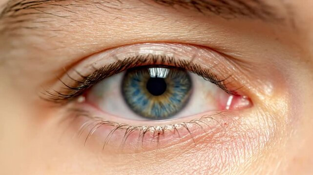 Close up view of blue eye opening and closing with slow blinking and detailed focus on the iris and eyelashes