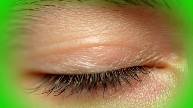 close up of a brown eye opening and closing with detailed texture and lashes