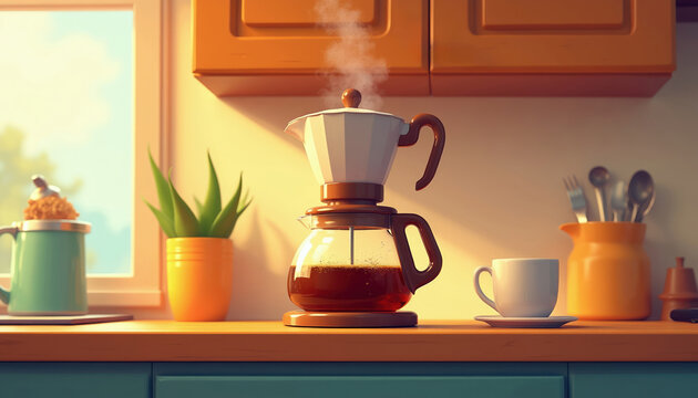 Cartoon coffee maker brews hot beverage on kitchen counter. Steam rises from pot near cup and plant. Morning sunlight fills cozy home interior with warm aromatic coffee.