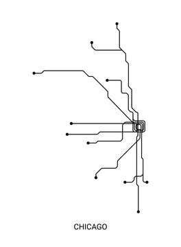 Black and white vector illustration of an approximate Chicago metro map, designed as a clean schematic transit diagram.