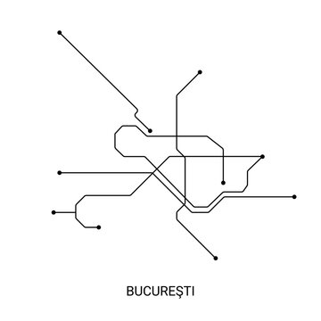 Black and white vector illustration of an approximate Bucharest metro map, designed as a minimal schematic transit diagram.