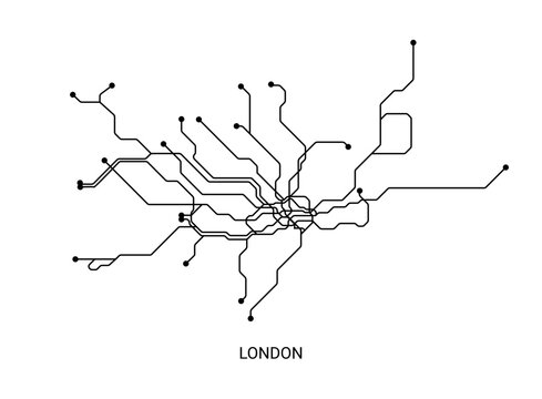 Black and white vector illustration of an approximate London metro map, designed as a clean schematic transit diagram.