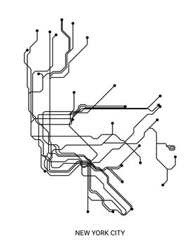 Black and white vector illustration of an approximate New York City metro map, designed as a detailed schematic transit diagram.