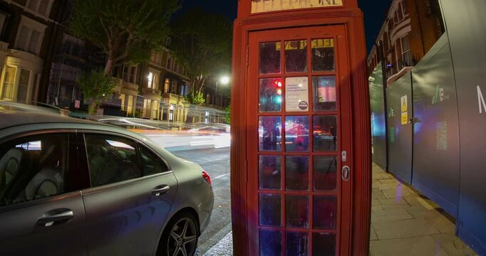 Iconic Red Telephone Booth London England Night Traffic Timelapse