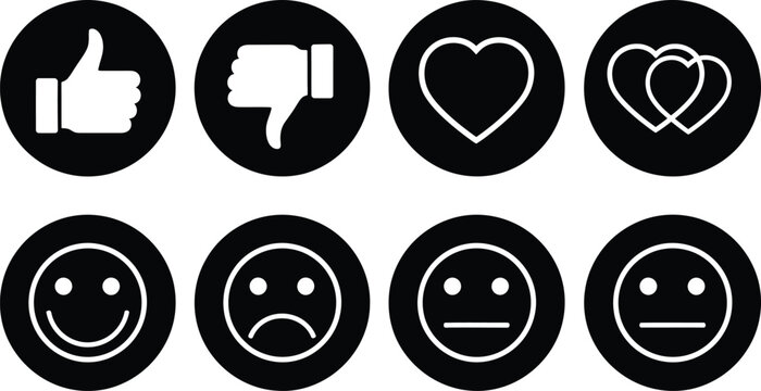 Set of eight black and white featuring social media feedback symbols, including thumbs up, thumbs down, heart shapes, and various facial expressions like happy, sad, and neutral faces
