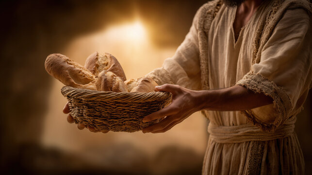 Ancient Biblical Hands Holding Basket with Bread, Miracle of Jesus Christ Concept