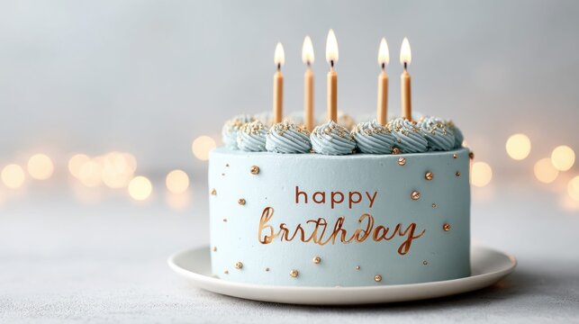 Elegant light blue birthday cake with gold sprinkles and lit candles on a white plate
