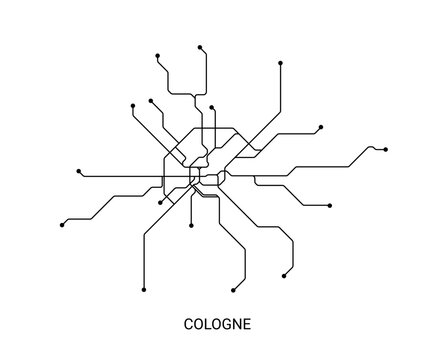 Minimal black and white vector illustration of an approximate Cologne metro map with route lines and station points.