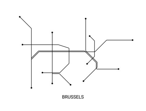 Minimal black and white vector illustration of an approximate Brussels metro map with simple lines and station dots.