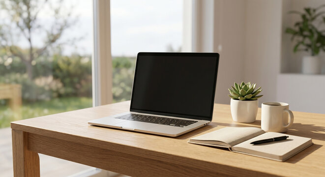 Minimalist home office setup with a silver laptop, notebook, and coffee on an oak desk