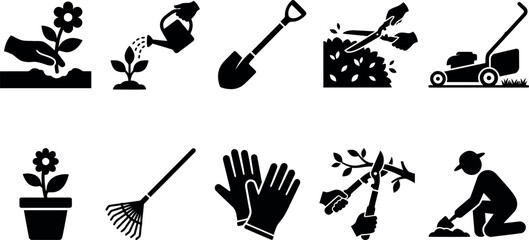 Black silhouettes of gardening tools and activities on white background © SAYEDAJANNATUL