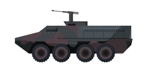 Flat vector illustration of a camouflage wheeled military combat vehicle with turret, isolated on a white background for defense design. © Marina