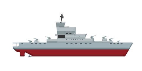 Flat vector illustration of a military patrol ship with weapons and radar, isolated on a white background for naval design. © Marina