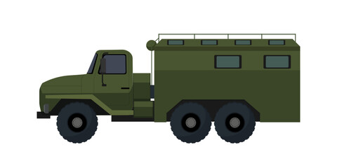 Obraz premium Flat vector illustration of a green military passenger truck with rear compartment, isolated on a white background for transport design.