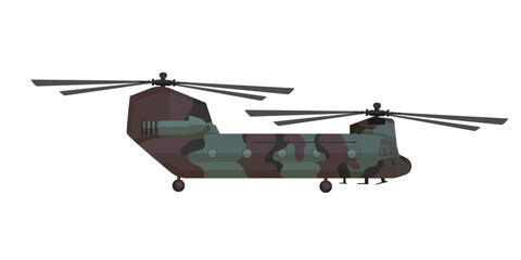 Fototapeta premium Flat vector illustration of a camouflaged tandem rotor military helicopter, isolated on a white background for aviation design.