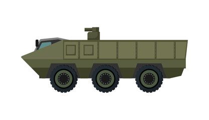 Fototapeta premium Flat vector illustration of a green wheeled military combat vehicle with small turret, isolated on a white background for design use.