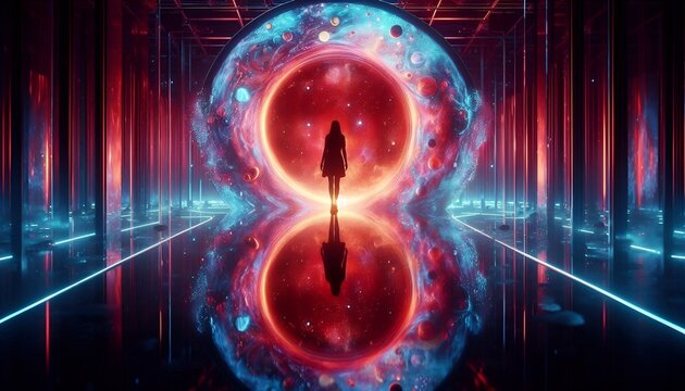 Silhouette of a Woman in a Vibrant Colorful Cosmic Red Circular Tunnel with Glowing Blue Light Water Reflections. Theater Image of the Atmosphere Mind. Reflection Room Behind the Scene AI Abstract Art