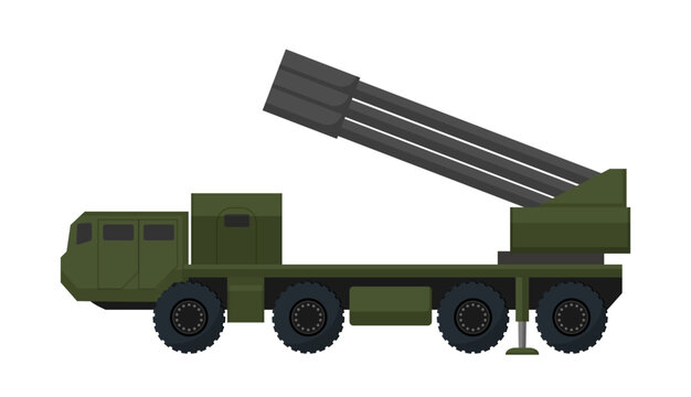 Flat vector illustration of a military multiple rocket launcher truck, isolated on a white background for defense design.