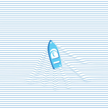 A minimalist vector illustration of a speedboat cutting through the sea waves. Horizontal lines highlight the waves emanating from the boat. Summer vacations, water sports