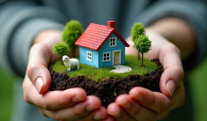 Naklejka premium Hands hold miniature house on land patch with sheep and trees. Conceptual symbol for home, safety, and nature. Property ownership, real estate growth, and eco-friendly living.