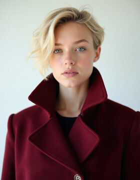 Blonde woman with short hair wears dark red bordeaux coat. Elegant female model poses in studio on white background. Fashion style for fall winter season.