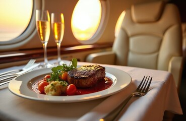 A gourmet steak dinner and champagne served inside a private jet. Enjoy fine dining and luxury travel during sunset flight. Upscale cuisine and elegant atmosphere.