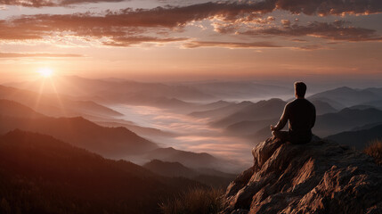 Obraz premium Person sitting in lotus position meditating on a mountaintop, finding inner peace and mindful tranquility overlooking a vast mountain range at golden sunrise with fog
