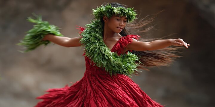 Hula dancer - hawaiian woman performs traditional island flow dance with purposeful movements to represent her islander culture and tropical tradition